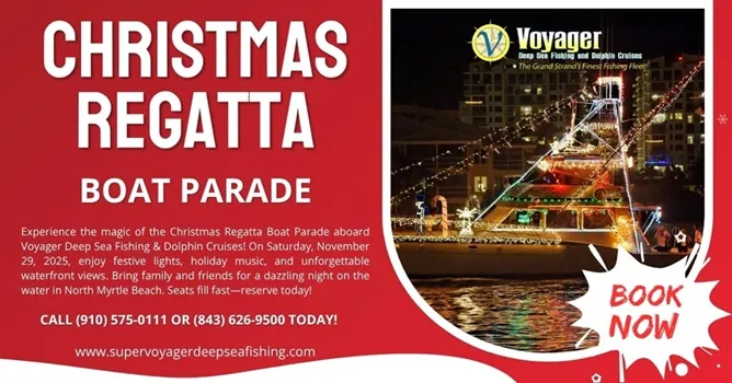 Christmas Regatta Boat Parade flyer with festive lights on a boat and event details.